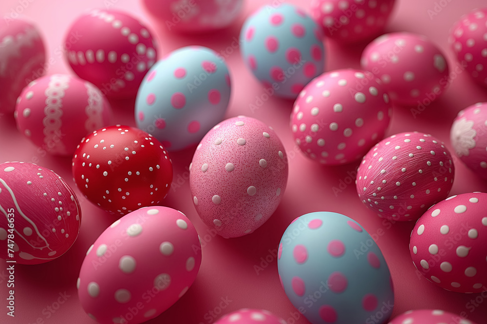 Easter card with bright speckled Easter eggs on pink background. idea for easter decor Easter card with bright speckled Easter eggs on pink background. idea for easter decor