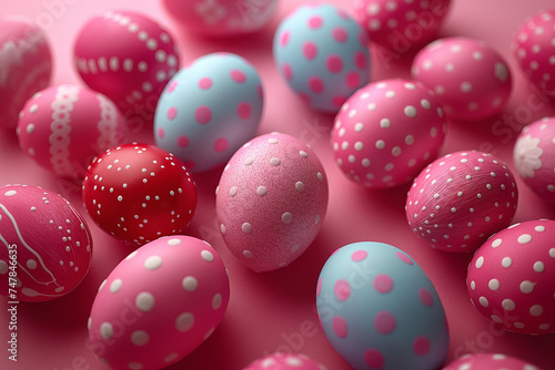 Easter card with bright speckled Easter eggs on pink background. idea for easter decor