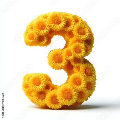 Number 3 is made of real natural Yellow flowers, Isolated on a white background, flower font concept, Creative Numbers