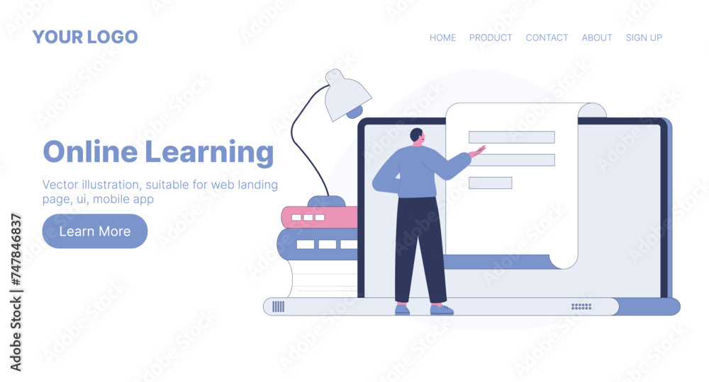 Online Learning. Web Landing Page Design. Flat Cartoon Vector Illustration. Vector illustration, suitable for web landing page, ui, mobile app.
