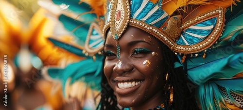 Amidst the carnival's jubilant atmosphere, a masked reveler dazzles with feathers, glitter, and beads, exuding infectious excitement
