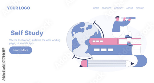 Self Study. Web Landing Page Design. Flat Cartoon Vector Illustration. Vector illustration, suitable for web landing page, ui, mobile app.
