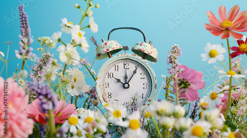 retro alarm clock nestled among vibrant summer flowers symbolizes the transition from winter to daylight saving time