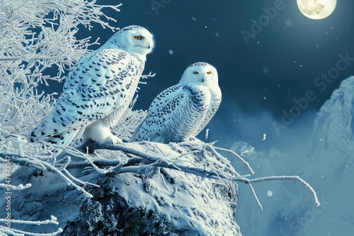 Two snowy owls perched on a branch in front of a full moon, illuminated by its light, Snowy owls perching on frost-covered branches under the moonlight, AI Generated