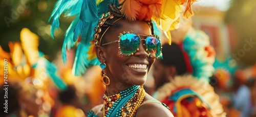 In a whirl of color and festivity, a masked reveler bedecked in feathers, glitter, and beads ignites the carnival with palpable excitement