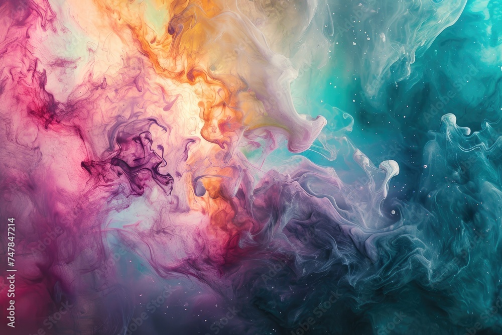 A vibrant painting featuring multiple colors set against a dark black background, Soft and pastract colors merging in an abstract vision of birthing cosmos, AI Generated