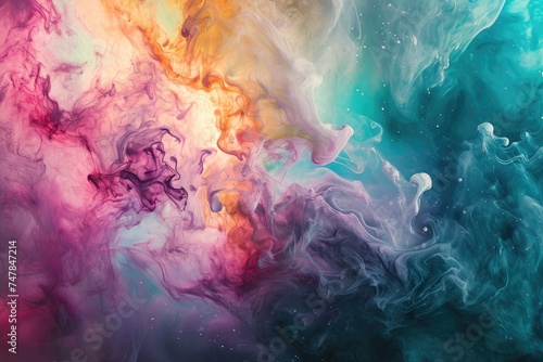 A vibrant painting featuring multiple colors set against a dark black background, Soft and pastract colors merging in an abstract vision of birthing cosmos, AI Generated