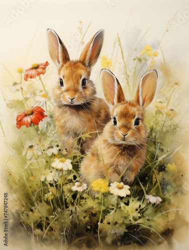 Rabbits in a field of flowers