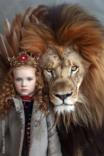 Child with a lion  wearing a crown. Striking image of a child with intense gaze beside a realistic lion  both adorned with regal crowns
