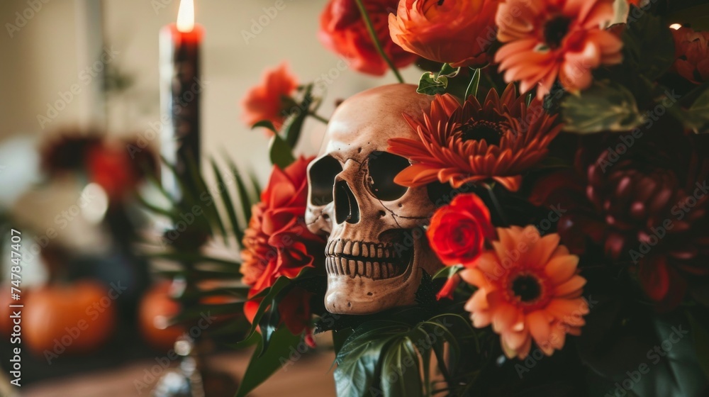 A human skull with various colorful flowers inside, representing a contrast between life and death