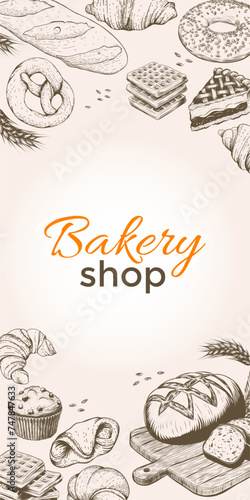Vintage Bakery shop template banner background with bakery products in engraving style. hand drawn doodle sketch illustration for pastry shop, bakery house, menu design, packaging.