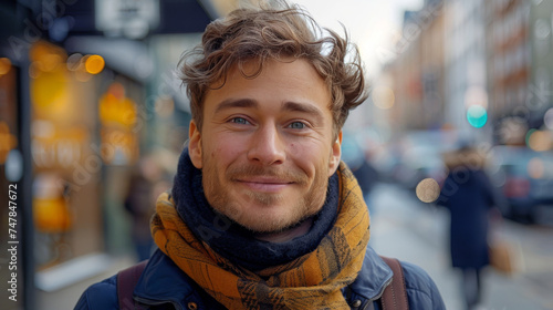 Cheerful young man with a scarf smiles in a bustling winter morning city street