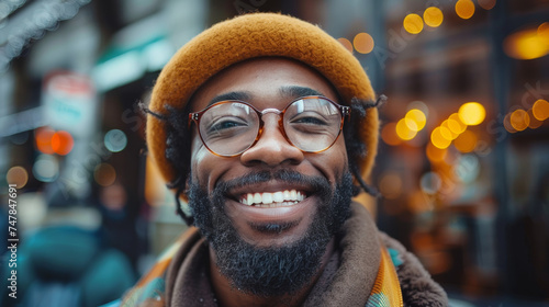 Exuberant male with a broad smile, glasses, and fashionable hat, set against a colorful city backdrop with bokeh