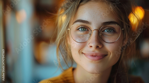 Attractive young woman with glasses and a subtle smile in a warm setting