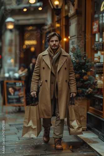 European Gentleman Exiting Store, Carrying Two Shopping Bags in Each Arm
