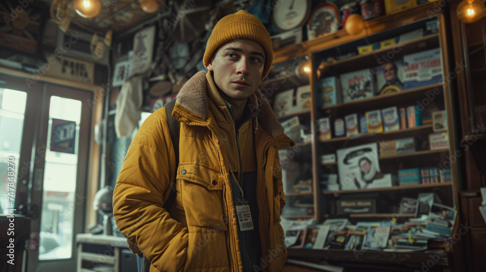 A young man in a vibrant yellow jacket stands inside a store with vintage items A young man in a vibrant yellow jacket stands inside a store with vintage items