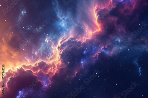 A vibrant sky filled with stars and clouds stretching across the horizon in a breathtaking display of natures beauty, Space scene featuring a celestial cloud in vibrant hues, AI Generated