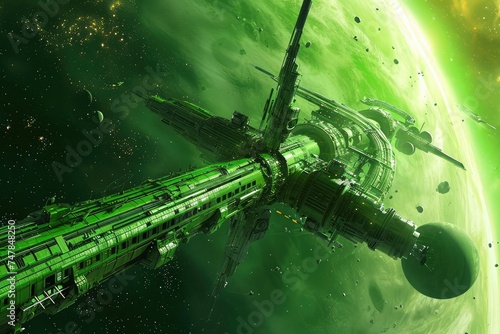 A green spaceship floats in the sky above a lush green planet, Space station orbiting a green gas giant, AI Generated