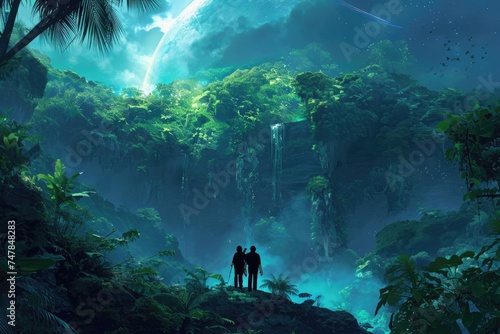 Two individuals standing amidst the lush green foliage of a dense jungle  Space travellers exploring an alien jungle  AI Generated