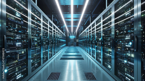 Rows of blue illuminated server racks, futuristic data centre corridor, high-tech facility for cloud computing and big data processing, concept of technology, cyber security, and information storage photo