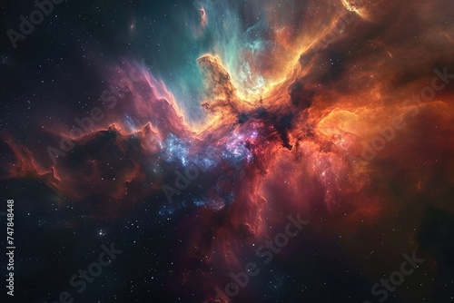 A vibrant and dynamic scene of a space filled with stars and clouds, creating a mesmerizing celestial display, Spacescape featuring a dynamic, color-rich nebula, AI Generated