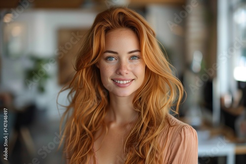 Young Woman with Long Red Hair and Coral Blouse Stands Confidently in Office Setting