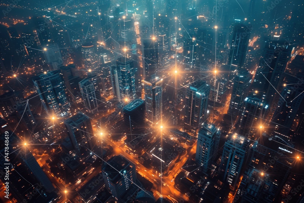 An aerial view capturing the vibrant lights emanating from buildings and streets in a city at night, Sparse depiction of a connected smart city, AI Generated