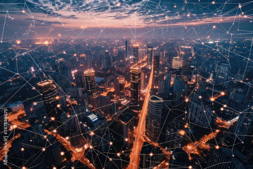 This photo captures an expansive aerial view of a city at night, showcasing luminous skyscrapers and bustling streets filled with traffic, Sparse depiction of a connected smart city, AI Generated
