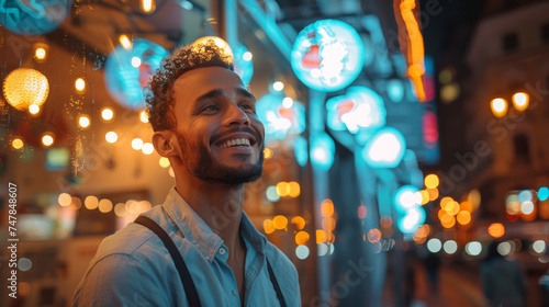 Young man smiling and enjoying the vibrant city nightlife with neon lights