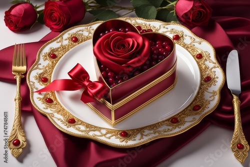 Valentine day table setting with plate, gift box with festive red ribbon