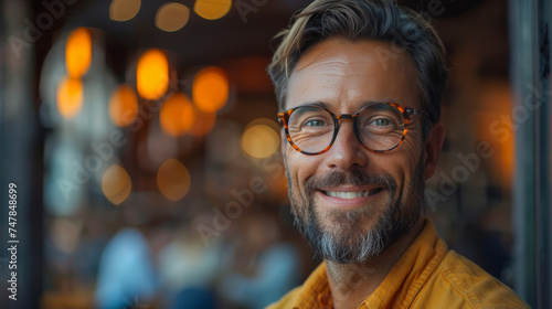 Portrait of a smiling bearded man in a mustard yellow shirt, with blurred bokeh lighting of a relaxing restaurant