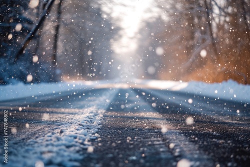 A snow-covered road winds through a dense forest  creating a stark contrast against the white landscape  Sparse snowflakes falling gently onto a peaceful country road  AI Generated