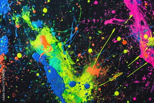 Group of Colorful Paint Splatters on Black Background, Spatters of bright neon colors on a dark, contrasting background, AI Generated