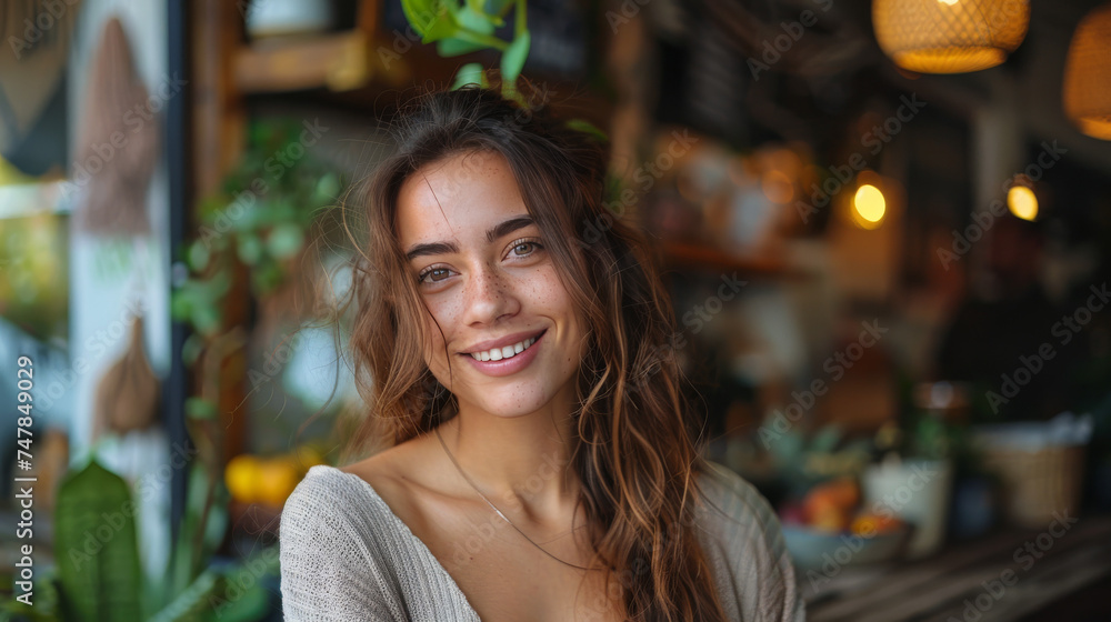 Charming young woman with a captivating smile seated in an organic-inspired café with lush greenery