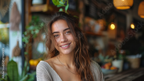Charming young woman with a captivating smile seated in an organic-inspired café with lush greenery © Daniel