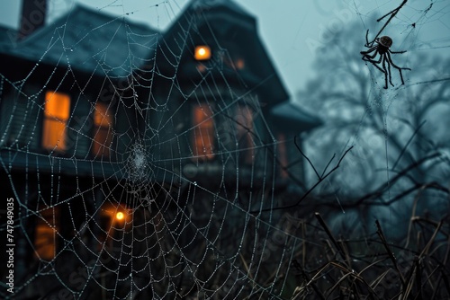 A creepy-looking house with a spider web in front, creating a haunting atmosphere, Spiders weaving intricate webs around a haunted house, AI Generated