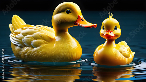 yellow duck. duck on the water. yellow duck isolated. dark background. a bird mother duck and baby duck swim on the water emoji on black background
