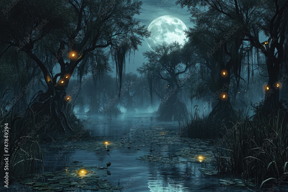 A Painting of a Swamp at Night With a Full Moon, Spooky moonlit swamp with gnarled trees and glowing eyes, AI Generated