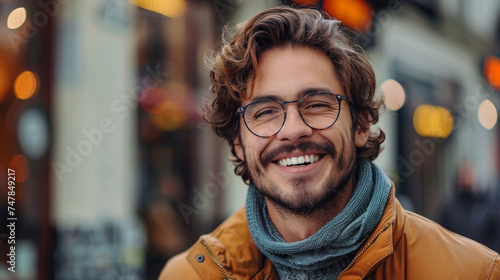 Happy bearded man with eyeglasses in a warm coat smiling brightly in urban surroundings