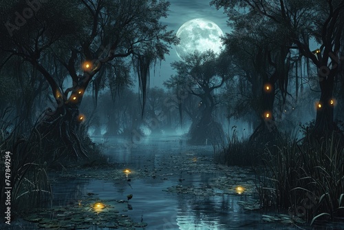 A Painting of a Swamp at Night With a Full Moon  Spooky moonlit swamp with gnarled trees and glowing eyes  AI Generated