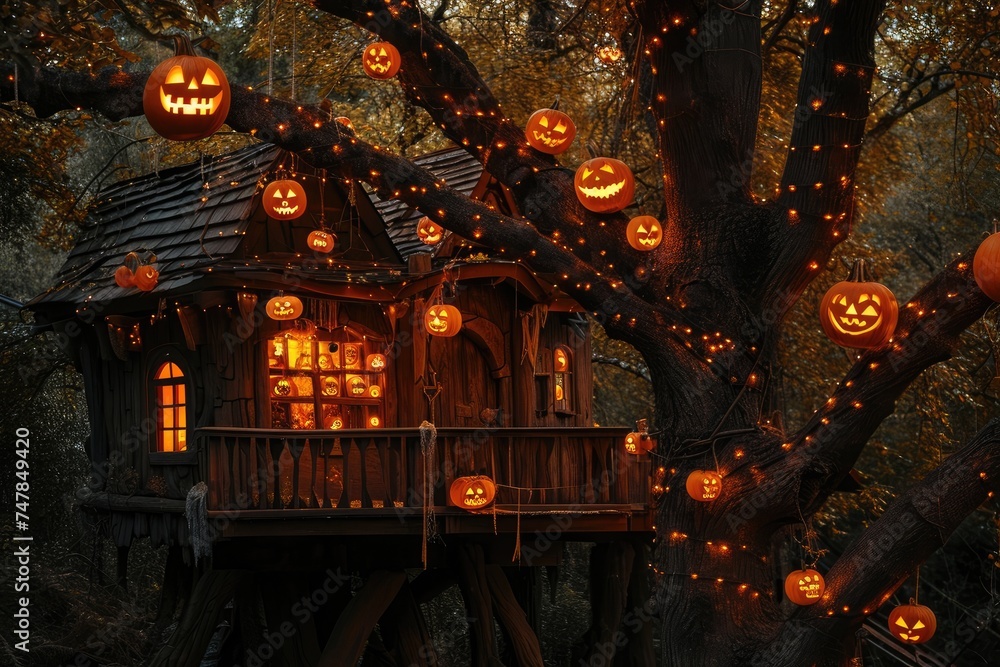 A tree house featuring vibrant pumpkins and sparkling lights amidst its decoration, Spooky treehouse with jack-o-lanterns hanging from the branches, AI Generated