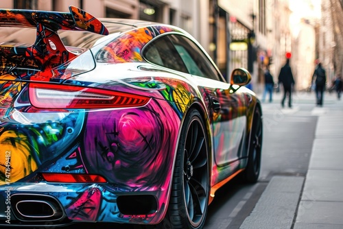 A brightly colored sports car is parked on the side of a busy road, adding a splash of color to the urban landscape, Sports car with vibrant graffiti paint, AI Generated