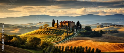 Idyllic Val d'Orcia Landscape in Tuscany, Italy, Bathed in Golden Light, Canon RF 50mm f/1.2L USM Capture photo