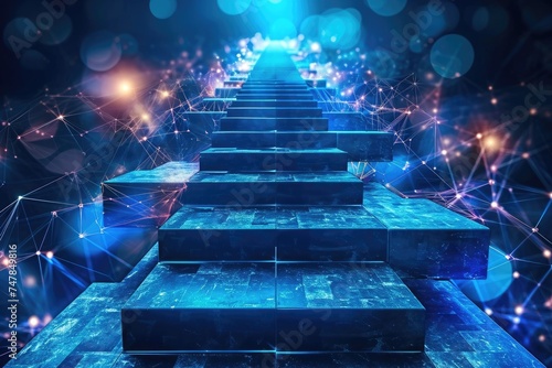 A set of concrete steps ascends towards a brightly lit opening at the top, illuminating the surroundings, Stairs made of blockchain blocks leading to the future, AI Generated © Iftikhar alam