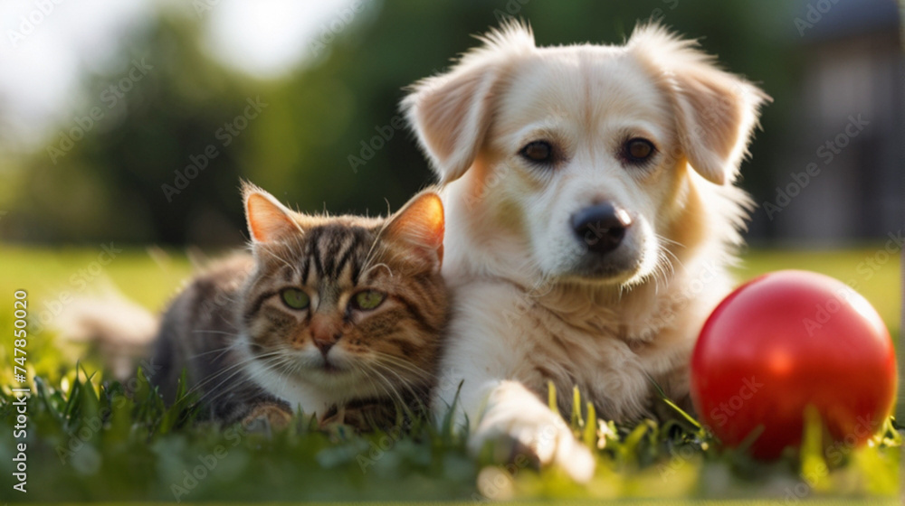 Cat and dog friendly sitting together on green meadow,  concept of unexpected friendship