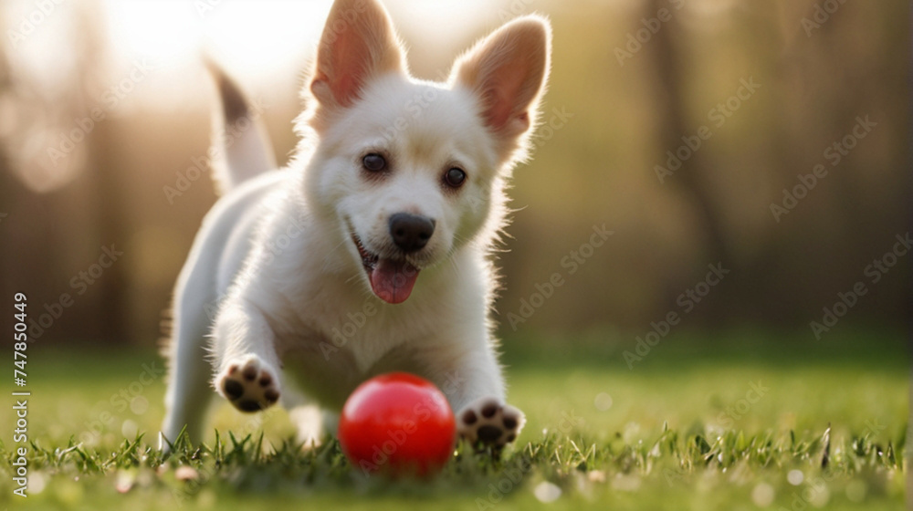 Adorable dog playing with little red ball on the lawn in the park Adorable dog playing with little red ball on the lawn in the park