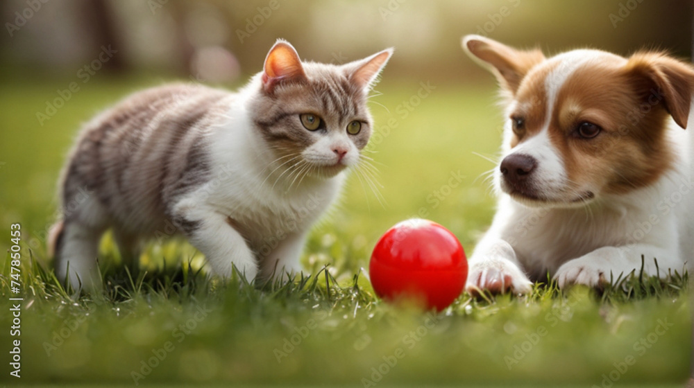 Cat and dog friendly sitting together on green meadow, concept of unexpected friendship Cat and dog friendly sitting together on green meadow, concept of unexpected friendship