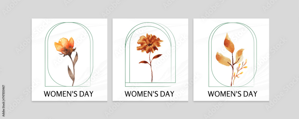 Set of Happy women's day greeting card. March 8 Holiday poster with type design and Watercolor Flower Illustration. Design for greeting card, cover, invitation, flyer and etc.