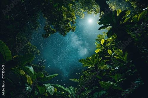 A photo capturing the rich density of a forest, featuring an abundance of green trees illuminated by the night sky, Starry night over a thriving rainforest, AI Generated