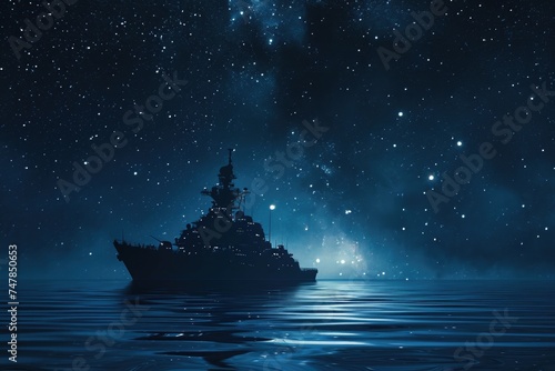 Majestic Ship Floating on Water, Surrounded by Starlit Sky, Stealthy military cruiser gliding silently under brilliant starlit night, AI Generated